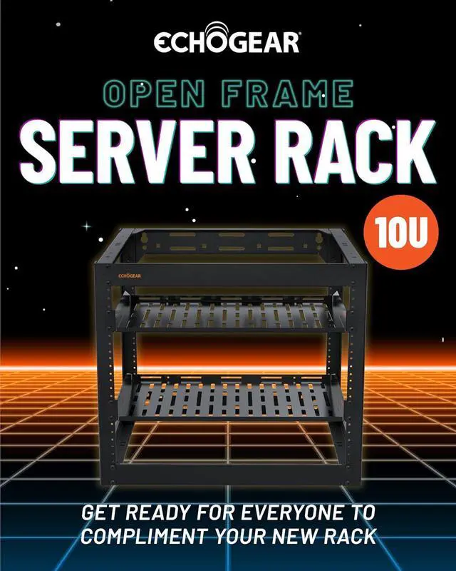 Alt view image 2 of 7 - 10U Network Rack - Wall Mountable Heavy Duty 4 Post Design Holds All Your Networking & AV Gear - Open Frame Design Includes 2 1U Vented Shelves & Mounting Hardware