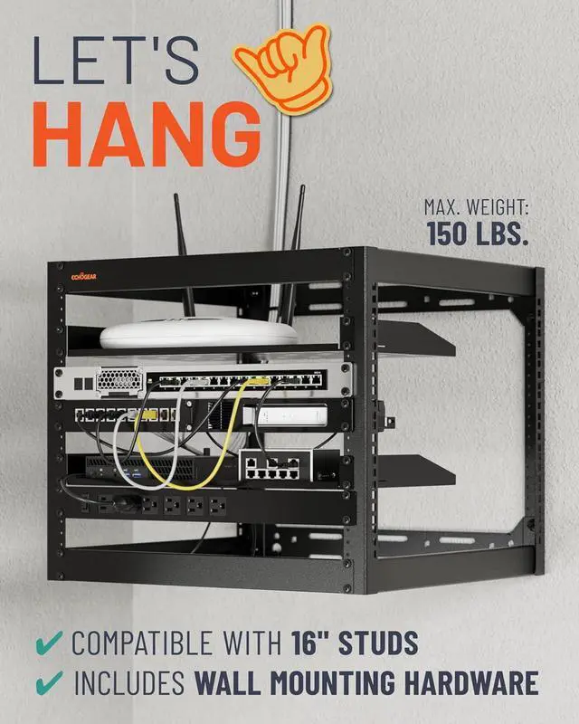 Alt view image 3 of 7 - 10U Network Rack - Wall Mountable Heavy Duty 4 Post Design Holds All Your Networking & AV Gear - Open Frame Design Includes 2 1U Vented Shelves & Mounting Hardware