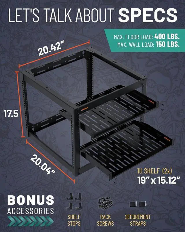 Alt view image 4 of 7 - 10U Network Rack - Wall Mountable Heavy Duty 4 Post Design Holds All Your Networking & AV Gear - Open Frame Design Includes 2 1U Vented Shelves & Mounting Hardware