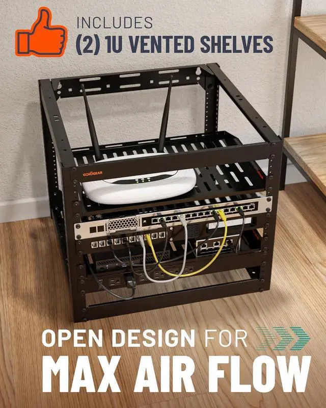 Alt view image 5 of 7 - 10U Network Rack - Wall Mountable Heavy Duty 4 Post Design Holds All Your Networking & AV Gear - Open Frame Design Includes 2 1U Vented Shelves & Mounting Hardware