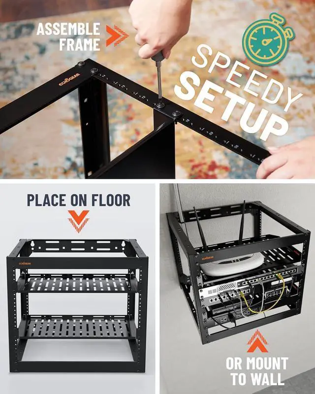 Alt view image 7 of 7 - 10U Network Rack - Wall Mountable Heavy Duty 4 Post Design Holds All Your Networking & AV Gear - Open Frame Design Includes 2 1U Vented Shelves & Mounting Hardware