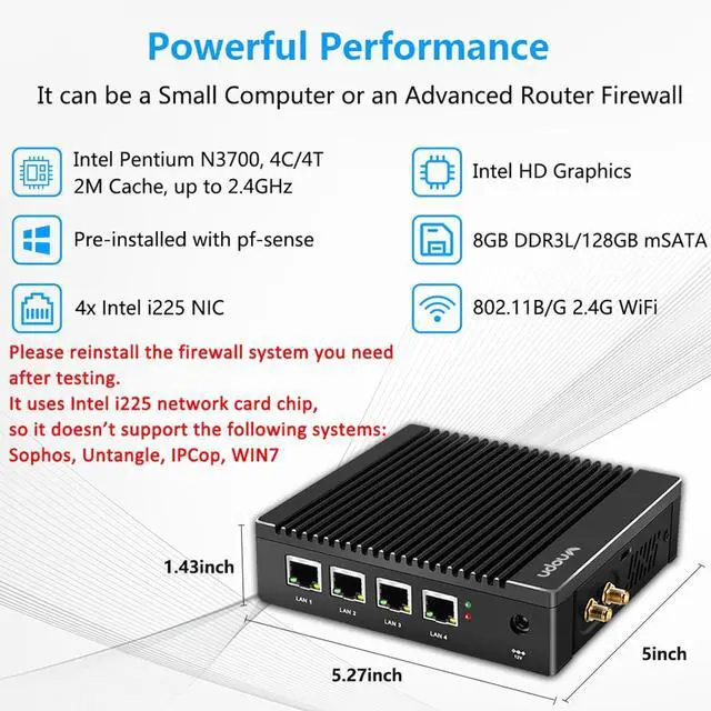 Alt view image 5 of 7 - Fanless Firewall Mini PC 4 x  2.5GbE i225/i226 LAN Ports, Firewall Appliance Soft Router  N3700 Quad Core, Network Gateway Soft Router PC, Support AES NI/WiFi (4G 64G)