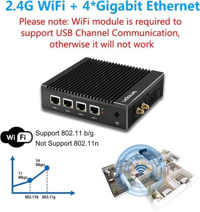 Alt view image 6 of 7 - Fanless Firewall Mini PC 4 x  2.5GbE i225/i226 LAN Ports, Firewall Appliance Soft Router  N3700 Quad Core, Network Gateway Soft Router PC, Support AES NI/WiFi (4G 64G)