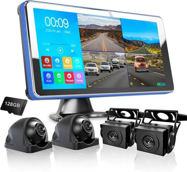 Main image of 4K Backup Camera 4CH Dash Cam with 10.36" Quad Split Touch Screen & 4 AHD Front Rear Sides View Camera w/DVR Recording Music Video Playback Avoid Blind for RV Semi Trailer Truck Van