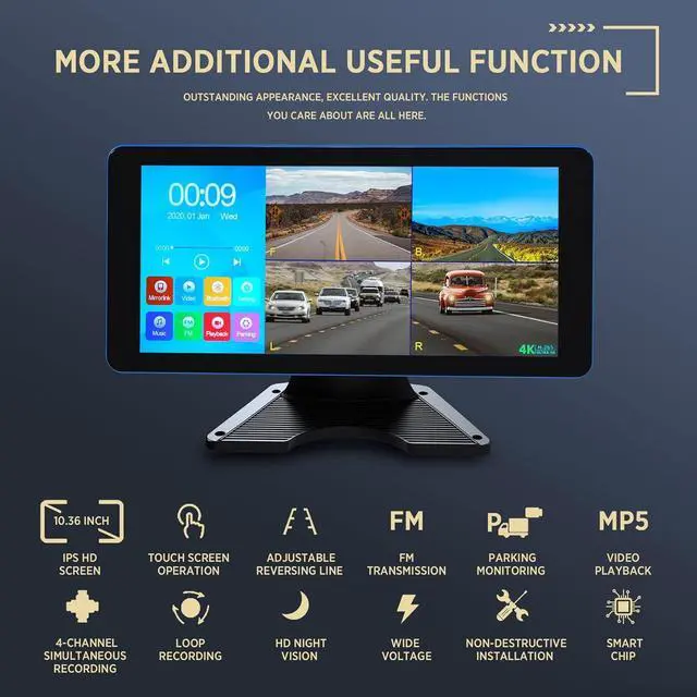 Alt view image 7 of 7 - 4K Backup Camera 4CH Dash Cam with 10.36" Quad Split Touch Screen & 4 AHD Front Rear Sides View Camera w/DVR Recording Music Video Playback Avoid Blind for RV Semi Trailer Truck Van