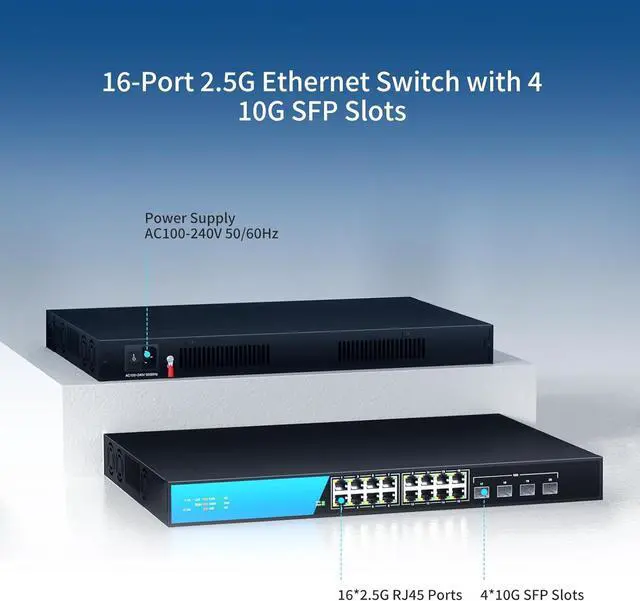 Alt view image 2 of 7 - 16 Port 2.5G Network Ethernet Switch, 16 x 2.5Gb RJ45 Ports, 4 x 10G SFP Slots, 240Gbps Switching Capacity, Desktop or Rack Mount/Metal Case/Fan Cooling/Plug and Play Unmanaged