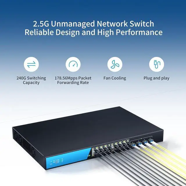 Alt view image 3 of 7 - 16 Port 2.5G Network Ethernet Switch, 16 x 2.5Gb RJ45 Ports, 4 x 10G SFP Slots, 240Gbps Switching Capacity, Desktop or Rack Mount/Metal Case/Fan Cooling/Plug and Play Unmanaged