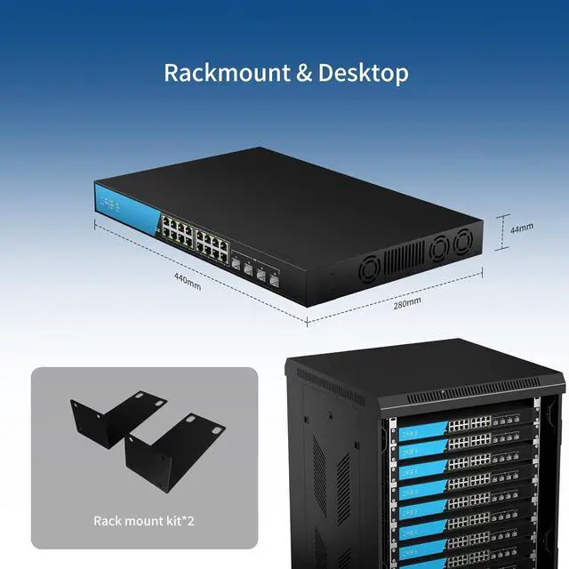 Alt view image 5 of 7 - 16 Port 2.5G Network Ethernet Switch, 16 x 2.5Gb RJ45 Ports, 4 x 10G SFP Slots, 240Gbps Switching Capacity, Desktop or Rack Mount/Metal Case/Fan Cooling/Plug and Play Unmanaged