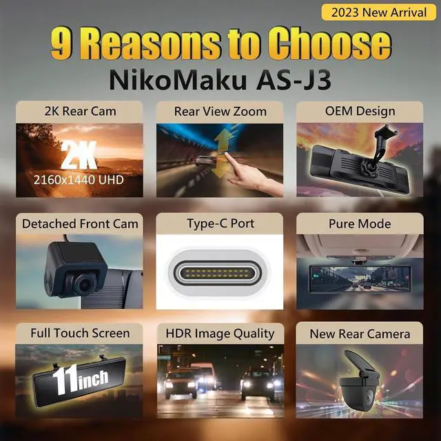 Alt view image 2 of 7 - NikoMaku Mirror Dash Cam with Detached Front Camera OEM Design 11 Full Touch Screen Rear View Mirror Camera with 2K Rear Camera for Cars, HDR, Night Vision, Parking Assistance AS-J3
