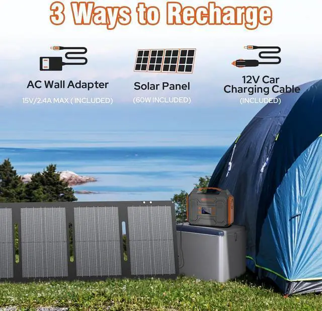 Alt view image 4 of 7 - Portable Solar Generator, 300W Portable Power Station with Foldable 60W Solar Panel, 110V Pure Sine Wave 280Wh Lithium Battery Pack with USB DC AC Outlet for Home Use RV Van Outdoor Camping-Orange