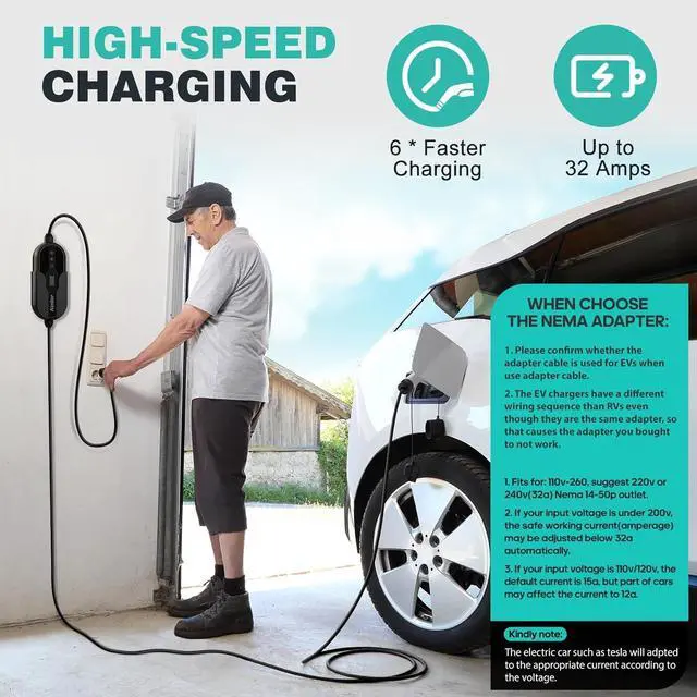 Alt view image 4 of 7 - Level 2 Electric Vehicle (EV) Charger(32Amp, 220V-240V, NEMA 14-50 Plug), 25ft Cable ETL Listed Portable Indoor/Outdoor EVSE SAE J1772 EV Car Charging Station w/Delay Timer, WiFi Enabled