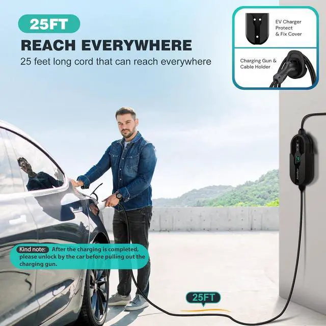 Alt view image 5 of 7 - Level 2 Electric Vehicle (EV) Charger(32Amp, 220V-240V, NEMA 14-50 Plug), 25ft Cable ETL Listed Portable Indoor/Outdoor EVSE SAE J1772 EV Car Charging Station w/Delay Timer, WiFi Enabled