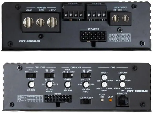 Alt view image 3 of 7 - Audio MT-1000.5 1200 Watt RMS 5-Channel Car Audio Amplifier, Class D, Hexfet Mosfet, Crossover High-Pass/Low-Pass Filter, Subsonic Filter, Remote Subwoofer Bass Knob, Bass Boost Q