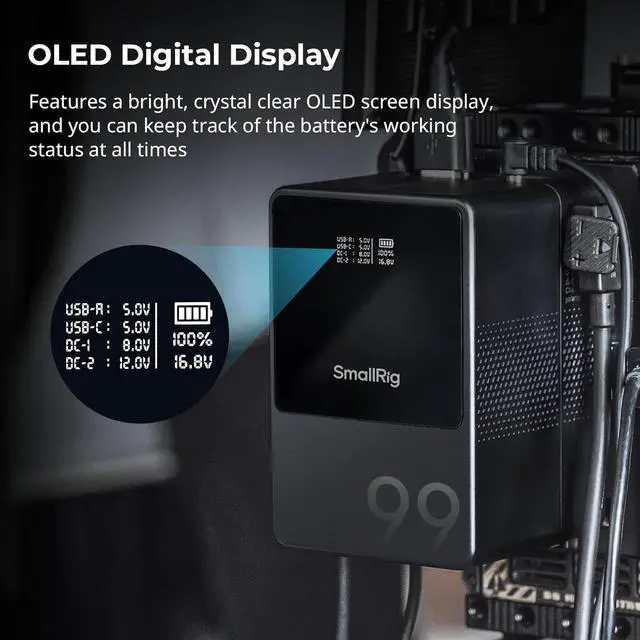 Alt view image 6 of 7 - Battery VB99 Black, 99Wh / 6800mAh V Mount Battery with 100W Output, 2H Full Charge, with USB-C, D-TAP, USB-A, Dual DC Ports, OLED Screen, for Camera, Camcorder, Monitor, Video Light