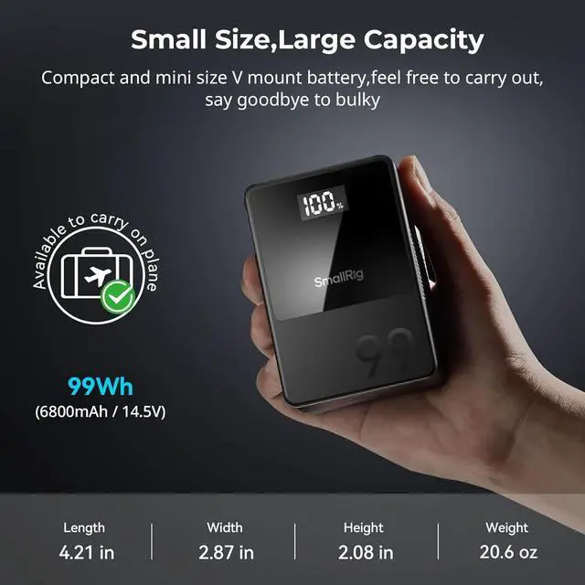 Alt view image 5 of 7 - Battery VB99 Black, 99Wh / 6800mAh V Mount Battery with 100W Output, 2H Full Charge, with USB-C, D-TAP, USB-A, Dual DC Ports, OLED Screen, for Camera, Camcorder, Monitor, Video Light