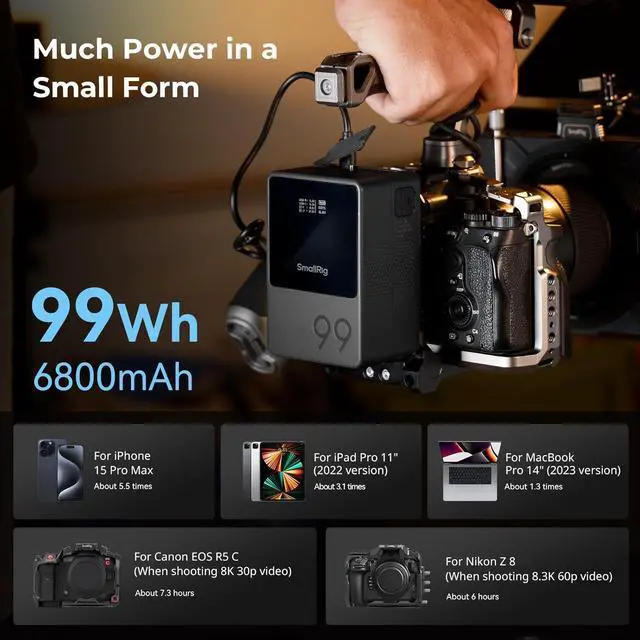 Alt view image 7 of 7 - Battery VB99 Black, 99Wh / 6800mAh V Mount Battery with 100W Output, 2H Full Charge, with USB-C, D-TAP, USB-A, Dual DC Ports, OLED Screen, for Camera, Camcorder, Monitor, Video Light