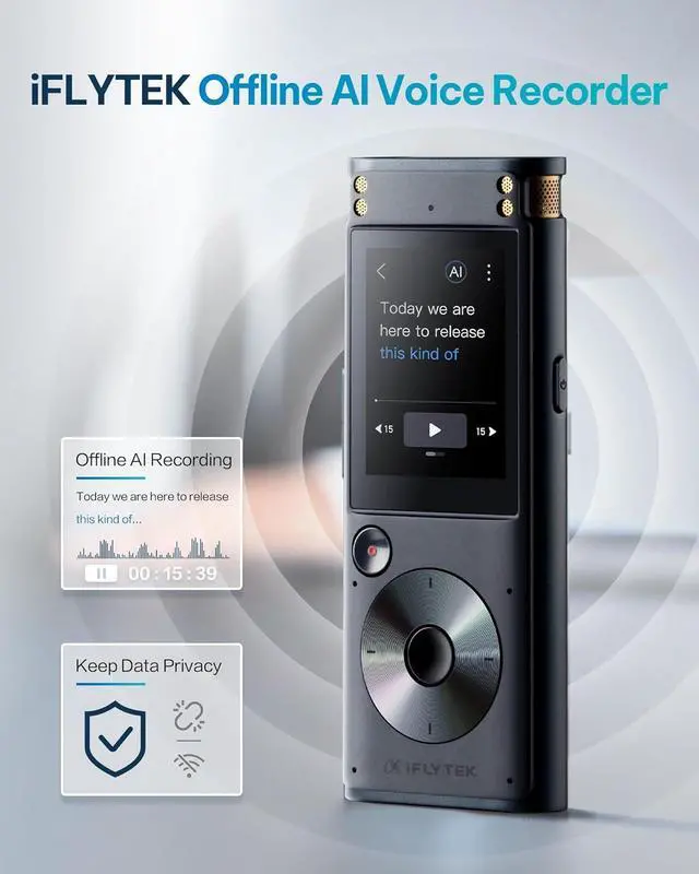 Alt view image 2 of 7 - Offline Voice Recorder with Playback, Secure Digital Recorder with AI Transcription, 5-Language Voice-to-Text, Noise Reduction, AI Voice Recorder for Meetings, Interviews, Learning