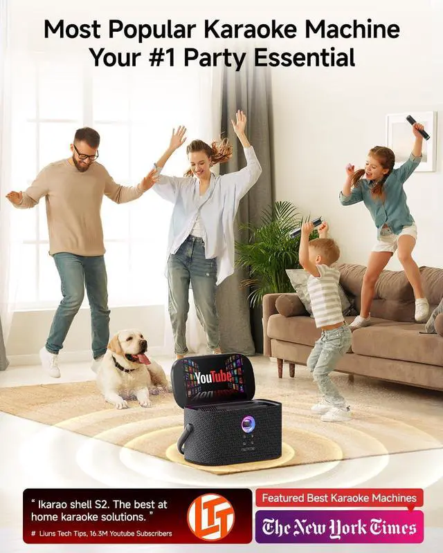 Alt view image 2 of 7 - Portable Karaoke Machine for Adults, Built-in Lyrics Display and Screen, 2 Self-Charging Wireless Microphones, Karaoke App, 140W Speaker, Connects to TV for Home Party Birthday Outdoor Camping