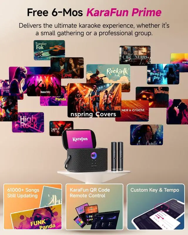 Alt view image 4 of 7 - Portable Karaoke Machine for Adults, Built-in Lyrics Display and Screen, 2 Self-Charging Wireless Microphones, Karaoke App, 140W Speaker, Connects to TV for Home Party Birthday Outdoor Camping