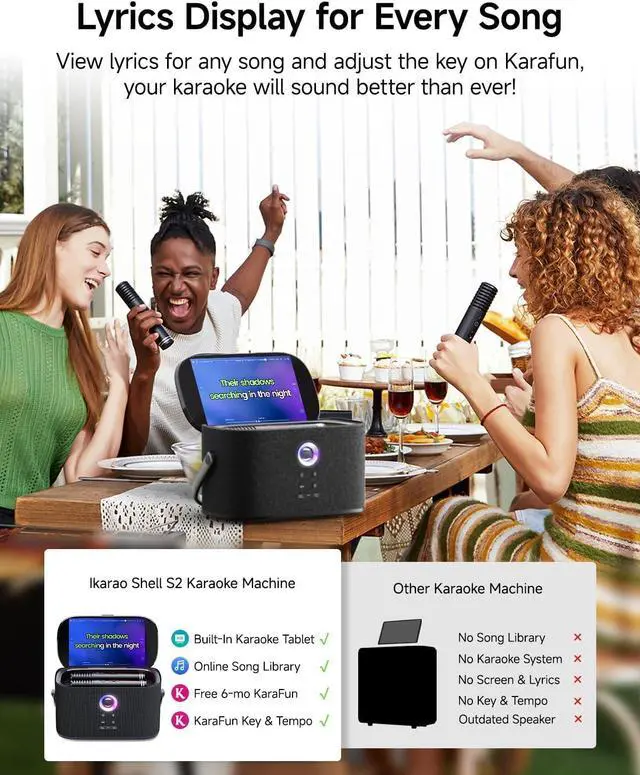 Alt view image 3 of 7 - Portable Karaoke Machine for Adults, Built-in Lyrics Display and Screen, 2 Self-Charging Wireless Microphones, Karaoke App, 140W Speaker, Connects to TV for Home Party Birthday Outdoor Camping