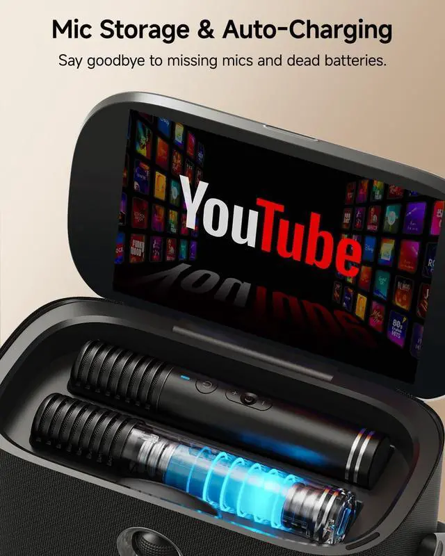 Alt view image 6 of 7 - Portable Karaoke Machine for Adults, Built-in Lyrics Display and Screen, 2 Self-Charging Wireless Microphones, Karaoke App, 140W Speaker, Connects to TV for Home Party Birthday Outdoor Camping