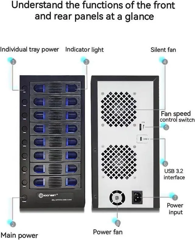 Alt view image 6 of 7 - 8 Bay Tool Less Tray Hot Swapable 2.5" and 3.5" SATA Hard Drive External USB-C 3.2 (10Gbps) Hard Drive Enclosure. Support up to 8X 22TB Capacity.