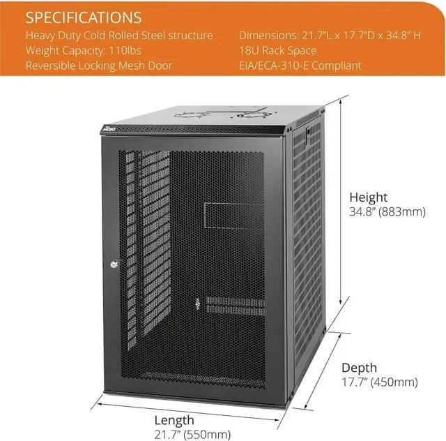 Alt view image 2 of 7 - 18U Wall Mount Rack Network Cabinet for 19" IT Equipment,with Lockable Mesh Door and Side Panels,Cooling Fan,Black,17.7inch Depth for AV/Computer/Electronics Equipment Data Rack