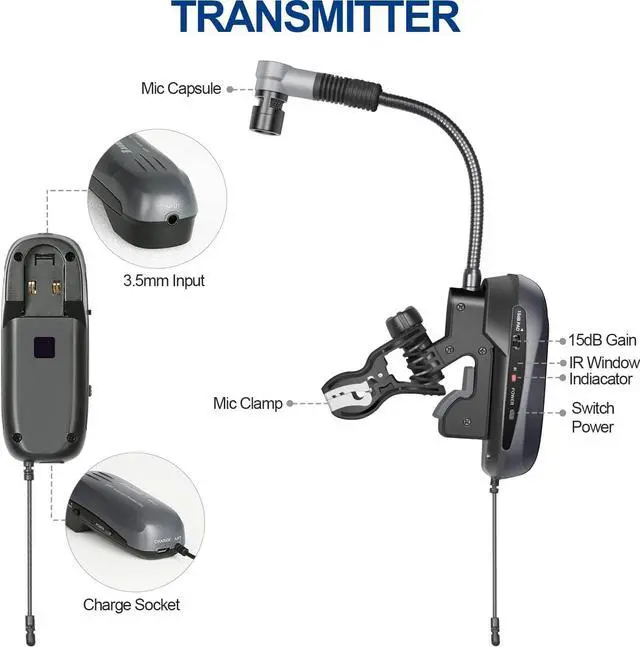 Alt view image 6 of 7 - Saxophone Microphone Wireless Condenser Gooseneck Live and Recording System Clip-on Sax Mic for Brass Instruments (D-333T | Standard Dual Set)