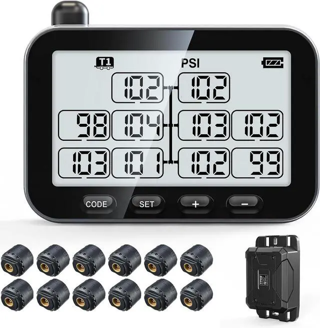 Main image of Tire Pressure Monitoring System, RV TPMS with 12 Sensors, 6 Alert Modes, Signal Booster, Power Saving Display, Long Sensing Distance, for 3 Trailers (T1/T2/T3), for Camper, Motor Homes