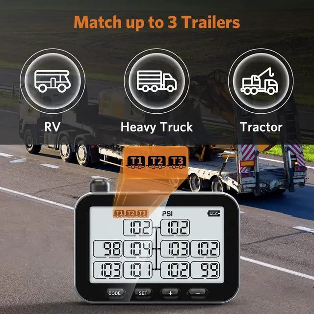 Alt view image 2 of 7 - Tire Pressure Monitoring System, RV TPMS with 12 Sensors, 6 Alert Modes, Signal Booster, Power Saving Display, Long Sensing Distance, for 3 Trailers (T1/T2/T3), for Camper, Motor Homes