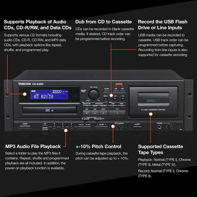 Alt view image 3 of 6 - CD-A580 Rackmount Cassette/CD/USB MP3 Player Recorder Combo