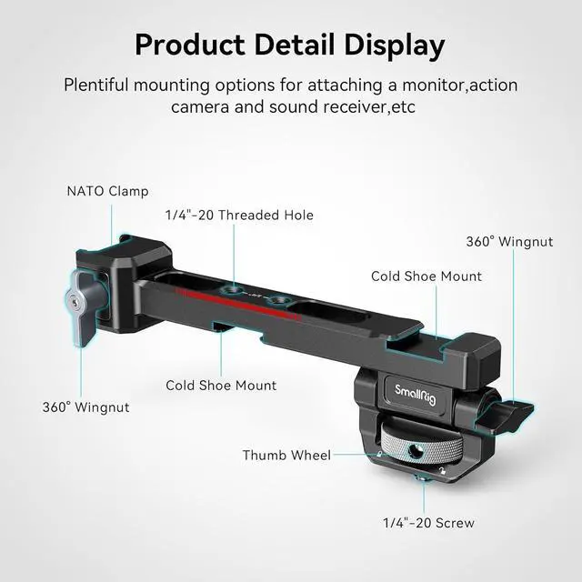 Alt view image 4 of 7 - Adjustable Camera Monitor Mount with Quick Release NATO Clamp, Cold Shoe Mount, Anti-Twist Design for  RS 4 Mini/RS 4 / RS 4 Pro/RS 2 / RSC 2 / RS 3 / RS 3 Pro/RS 3 Mini