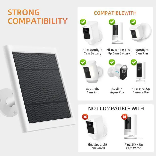 Alt view image 2 of 7 - Solar Panel for Ring Camera, 2 Pack 4W Solar Charger Compatible with Spotlight & Stick Up Outdoor Cam Battery, 10ft Long Cable with USB-C to Ring Barrel Plug Adapter
