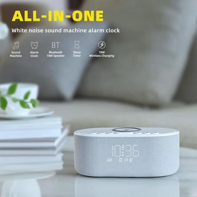Alt view image 2 of 7 - Sound Machine Alarm Clock Wireless Charger: Bluetooth 10W Stereo Sound Speaker Bedroom - White Noise Machine for Sleeping with 21 Soothing Sounds
