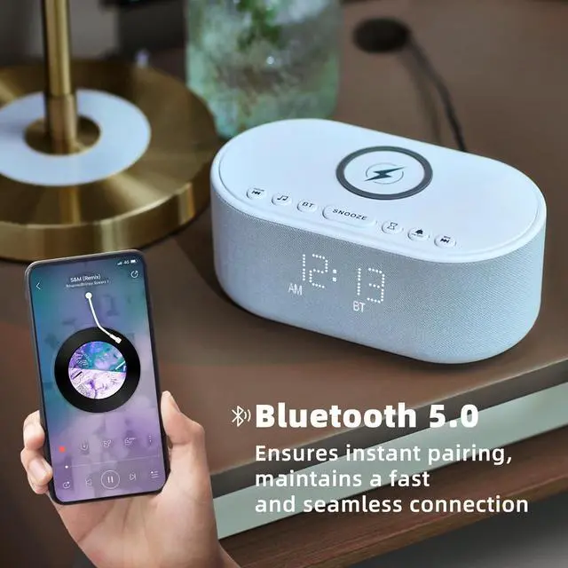 Alt view image 6 of 7 - Sound Machine Alarm Clock Wireless Charger: Bluetooth 10W Stereo Sound Speaker Bedroom - White Noise Machine for Sleeping with 21 Soothing Sounds