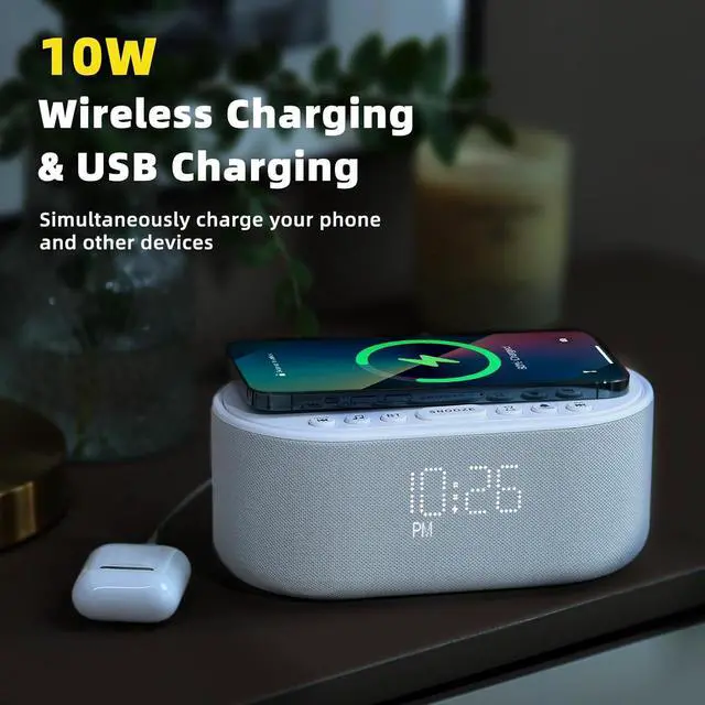 Alt view image 4 of 7 - Sound Machine Alarm Clock Wireless Charger: Bluetooth 10W Stereo Sound Speaker Bedroom - White Noise Machine for Sleeping with 21 Soothing Sounds