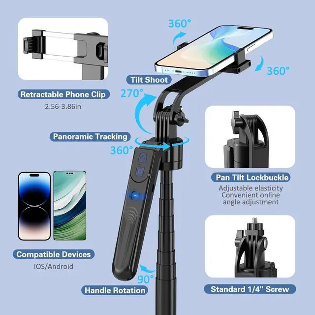 Alt view image 3 of 7 - Auto Face Tracking Tripod for iPhone,360 Rotation Travel Selfie Stick Stand,Face Tracking Phone Tripod with Light and RemoteApplied to Tiktok YouTube Vlog Video Recording