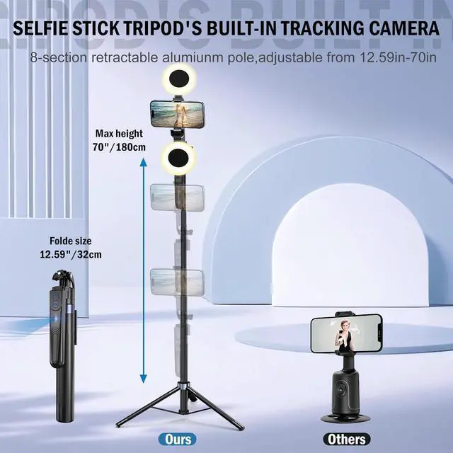 Alt view image 4 of 7 - Auto Face Tracking Tripod for iPhone,360 Rotation Travel Selfie Stick Stand,Face Tracking Phone Tripod with Light and RemoteApplied to Tiktok YouTube Vlog Video Recording