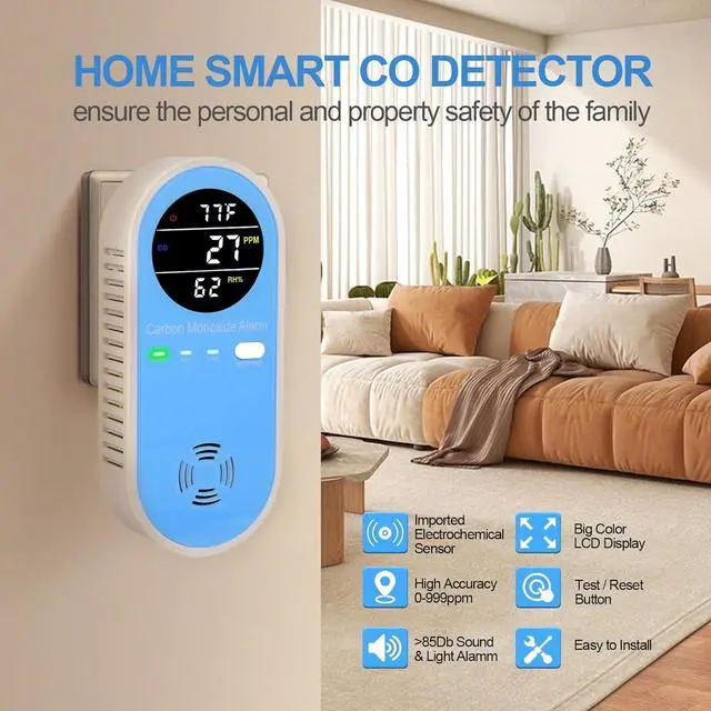 Alt view image 3 of 6 - Plug-in Carbon Monoxide Detector with Real-Time CO Display & Temperature/Humidity Monitor, Plug-in CO Alarm for Home, RV, Apartment, Indoor Air Safety 2-Pack