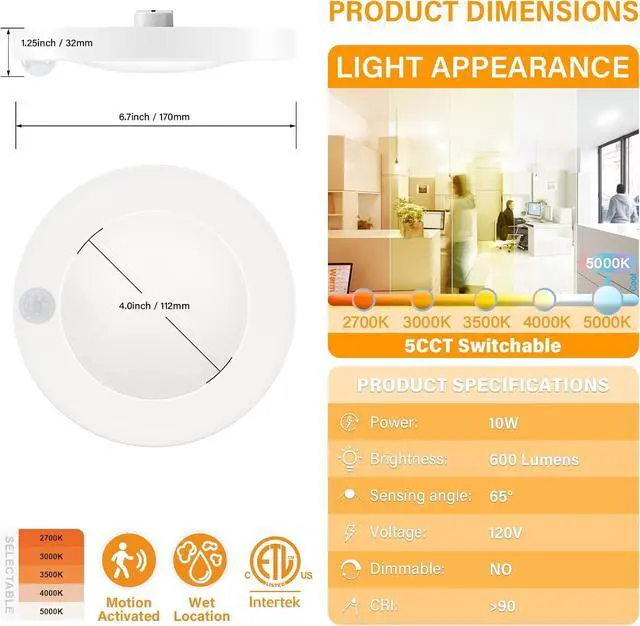 Alt view image 2 of 6 - 4 Inch Field Selectable 5CCT LED Motion Sensor Ceiling Light, 120V Wired Closet Light, 10 Watts, 600Lm, CRI80+, Non-dimmable, ETL Certified, Wet Location, Round/White, 4 Packs