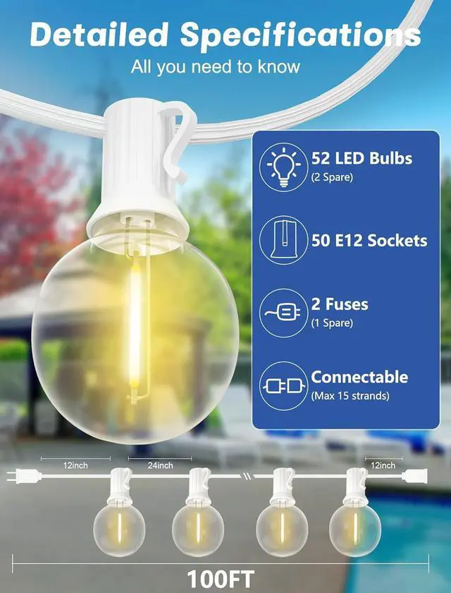 Alt view image 2 of 7 - G40 Globe White String Lights Outdoor - 100FT White Patio Lights with 52 Shatterproof Dimmable LED Bulbs(2 Spare) for Room Party Bistro Pergola Tents Decor