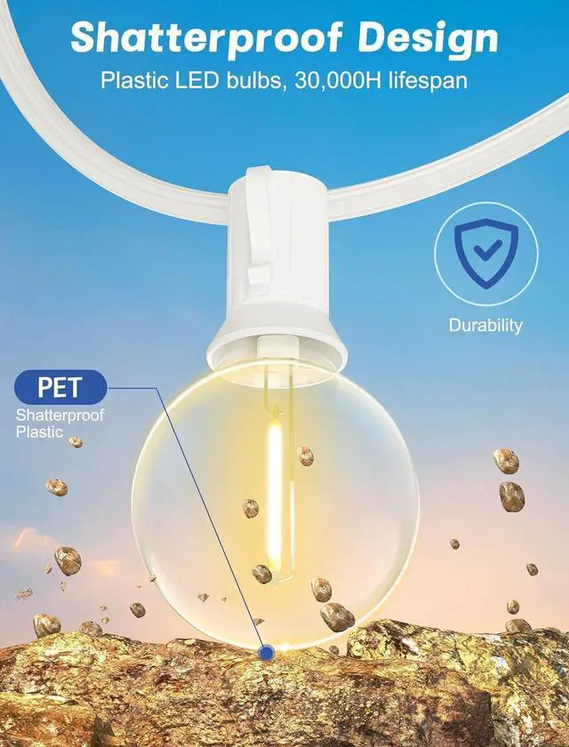 Alt view image 4 of 7 - G40 Globe White String Lights Outdoor - 100FT White Patio Lights with 52 Shatterproof Dimmable LED Bulbs(2 Spare) for Room Party Bistro Pergola Tents Decor