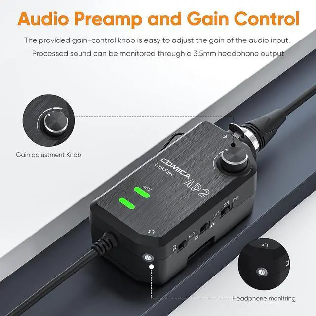 Alt view image 5 of 7 - Audio Preamp Adapter,LINKFLEX AD2 XLR/6.35mm Microphone Preamp Amplifier with 48V Phantom Power, Real-time Monitoring, Guitar Interface Adapter for iPhone, Android Smartphone, DSLR Cameras