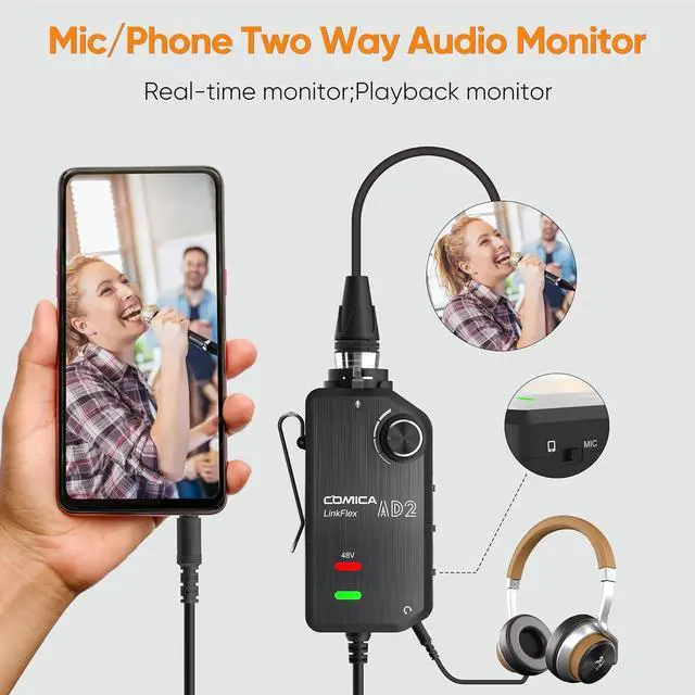 Alt view image 7 of 7 - Audio Preamp Adapter,LINKFLEX AD2 XLR/6.35mm Microphone Preamp Amplifier with 48V Phantom Power, Real-time Monitoring, Guitar Interface Adapter for iPhone, Android Smartphone, DSLR Cameras