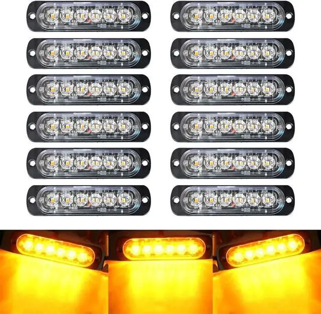 Main image of 12-Pack 6 LED Amber Strobe Lights Vehicles Trucks Emergency Strobe Lights Kit 12V -24V Warning Hazard Flash Strobe Lights Bar Grill Grille Surface Mount Super Bright Waterproof