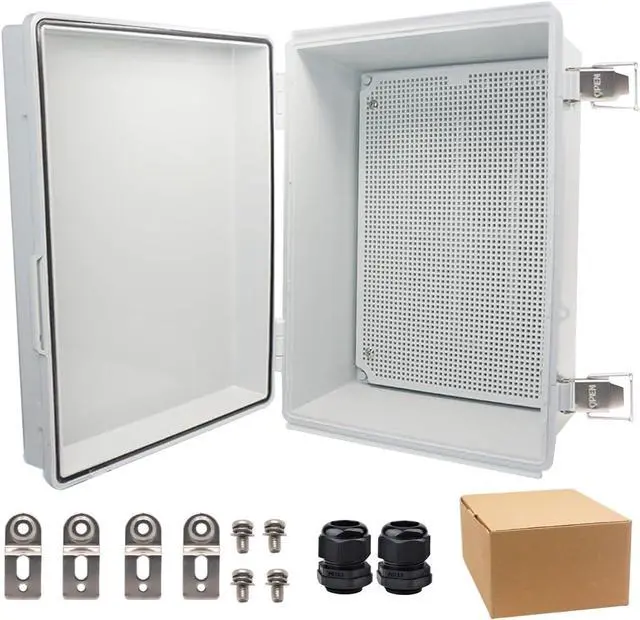 Main image of Waterproof Electrical Box,IP67 Junction Box Hinged Grey Cover ABS Project Boxes for Electronics DIY Enclosure with Mounting Plate Wall Bracket and 2 Cable Glands 13.8" x 9.8" x 5.9"