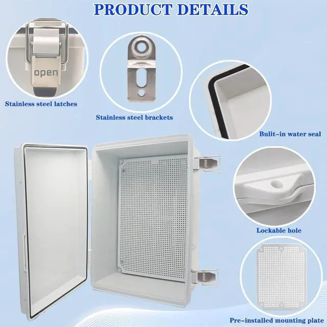 Alt view image 3 of 6 - Waterproof Electrical Box, IP67 Junction Box Stainless Steel Latch Hinged Grey Cover Project Enclosure with Wall Bracket 13.8" x 9.8" x 5.9"