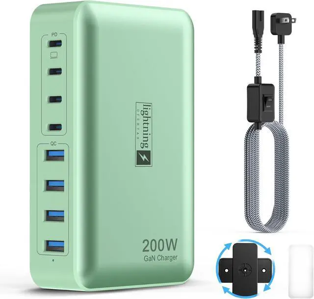 Main image of 8-Port Multiple Charger Station 200W with Flat Plug, Braided Power Cord, and On/Off Switch- USB Charging Hub for iPhone, iPad, MacBook and More- 65W C Port Power Adapter for Laptops