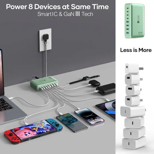 Alt view image 3 of 7 - 8-Port Multiple Charger Station 200W with Flat Plug, Braided Power Cord, and On/Off Switch- USB Charging Hub for iPhone, iPad, MacBook and More- 65W C Port Power Adapter for Laptops