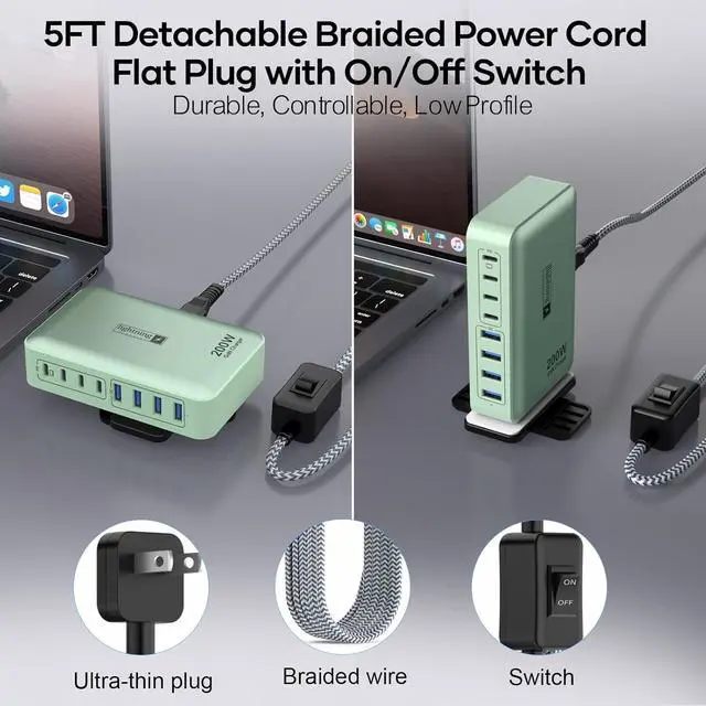 Alt view image 6 of 7 - 8-Port Multiple Charger Station 200W with Flat Plug, Braided Power Cord, and On/Off Switch- USB Charging Hub for iPhone, iPad, MacBook and More- 65W C Port Power Adapter for Laptops